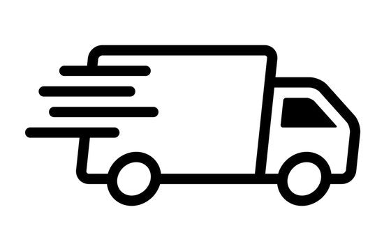 Black silhouette of a delivery truck with speed lines on a white background